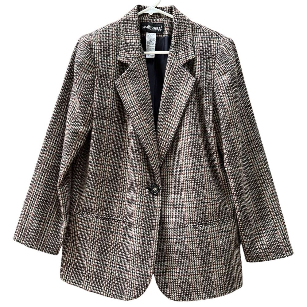 Sag Harbor Vintage Houndstooth Wool Blend One Button Blazer Jacket Womens 8P